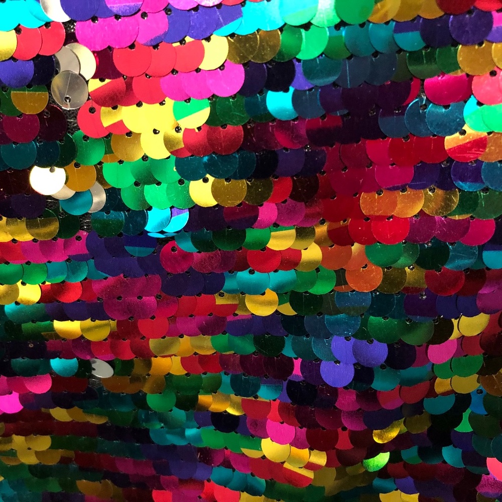 1 yd 8mm Overlapping Rainbow/Silver Reversible Sequins~Black Mesh Costume Fabric